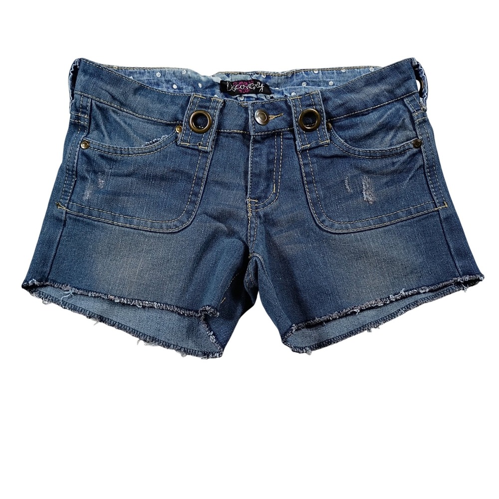 Discovery Denim Shorts Womens Size 1 Blue Good Raw Hem Grommet Y2K Utility